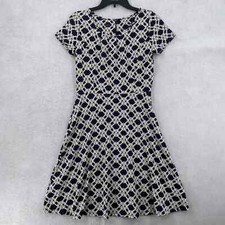 Talbots Jersey Navy White Chainlink Print Short Sleeve Fit and Flare Dress Small