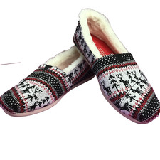 TOMS Multi Reindeer Christmas Fuax Fur Lined Sweater Knit Shoes Size 6 Women