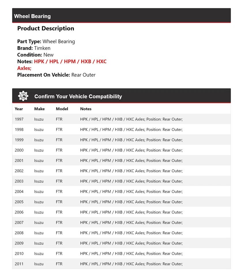 Cojinete de rueda exterior trasero para Isuzu FTR 1997-2011 Timken 1998 1999 2000 2001 2002 Foto 2 de 4