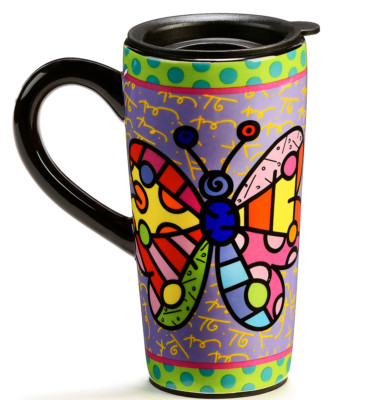 ROMERO BRITTO TRAVEL MUG : BUTTERFLY  * NEW * GIFT BOXED