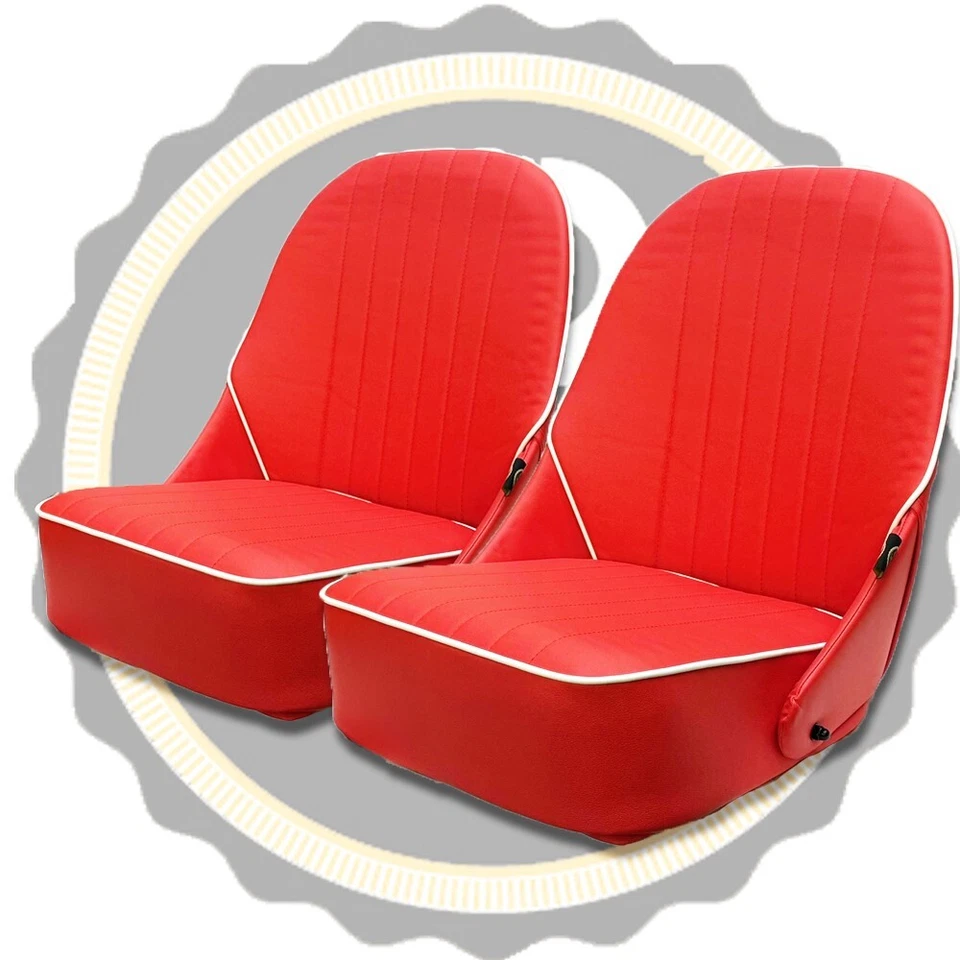Pair BB Vintage Tipping Bucket Classic Car Seats Low Back Red / White + Runners