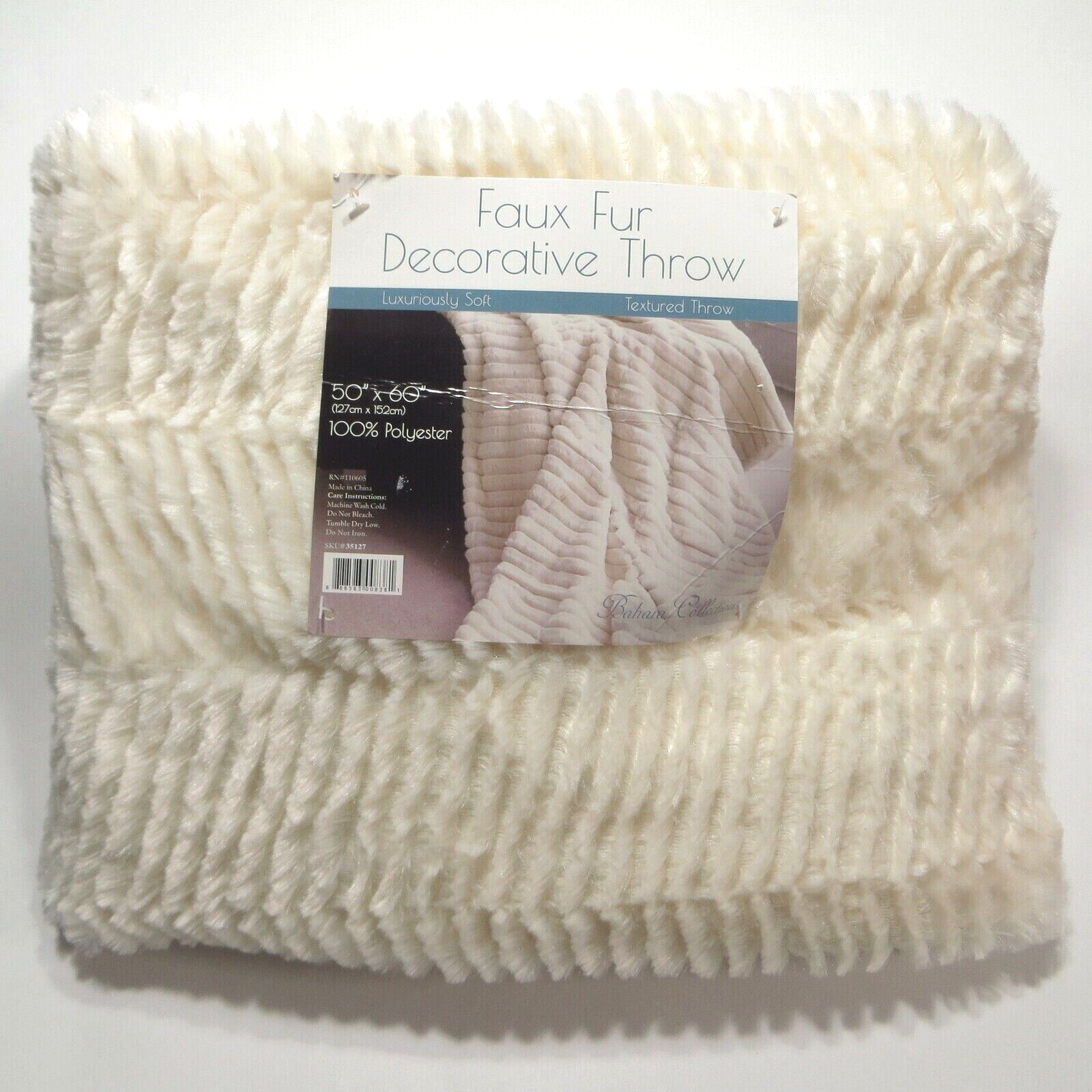 Faux Fur Decorative Throw Blanket Bahara Collection Ivory Color Textured 50x60