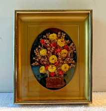 Vintage Pressed Dried Flower Art in Gold Metal Frame