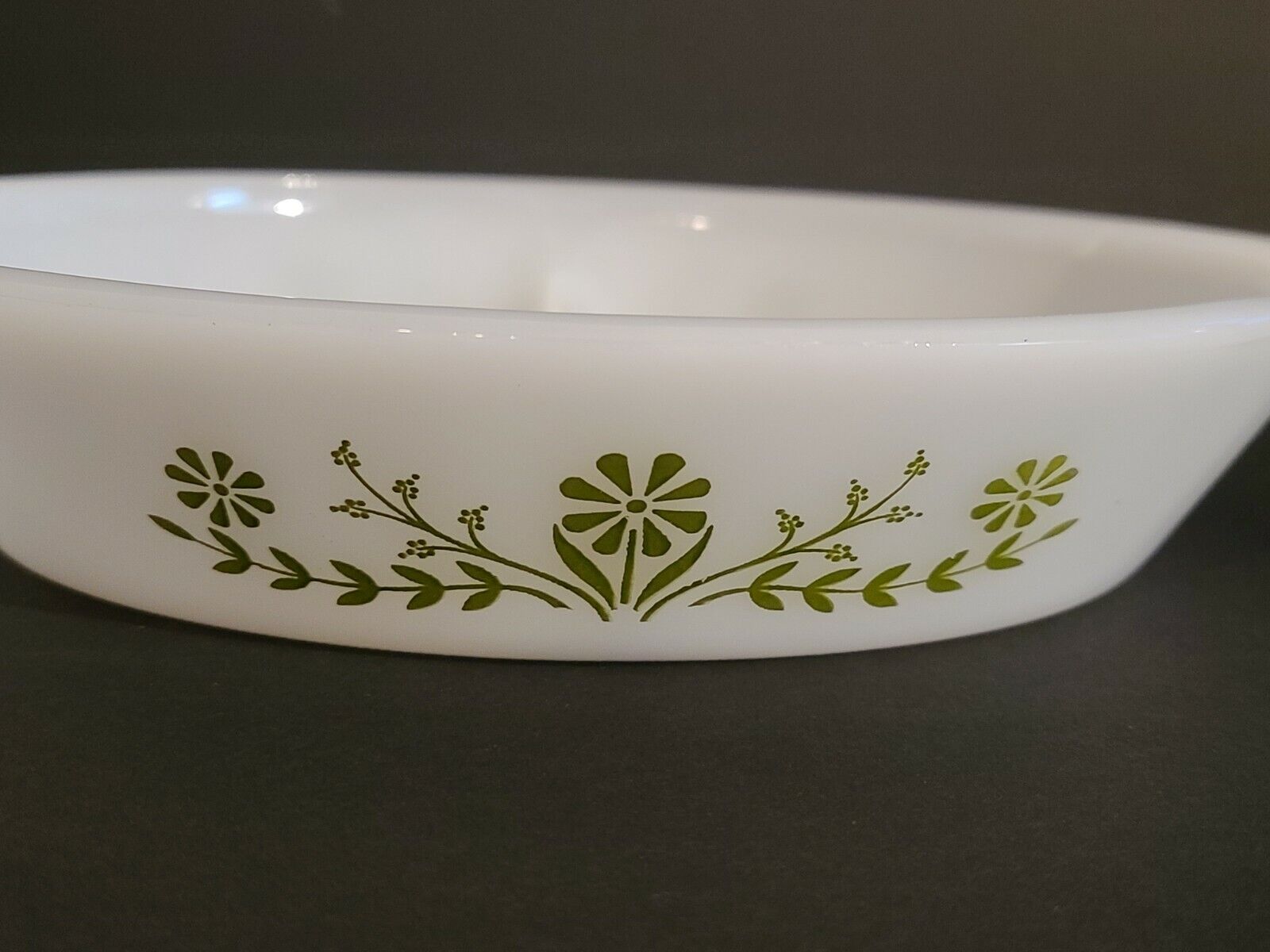 White Glass Divided Casserole Dish With Moss Green Flowers 