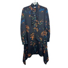 Tory Burch Shirt Dress Womens 10 Black NWOT Floral Ruffle High-Low 74814