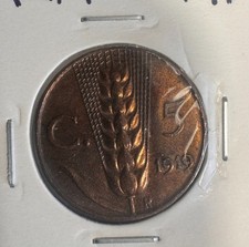 ITALY KINGDOM 5 CENTS 1919 EAR ITALIAN LIRA KING VITTORIO EMANUELE III