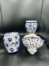 Chinoiserie Blue White Wall Pocket Vase Set Hand Painted Floral 3pc