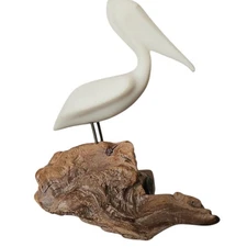 Vintage John Perry Pelican Sculpture Statue Bird On Burl Wood Beach Decor 6”x5”