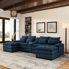 6-Seat U-Shaped Sleeper Sofa w/ Chaise  Console, Blue Fabric