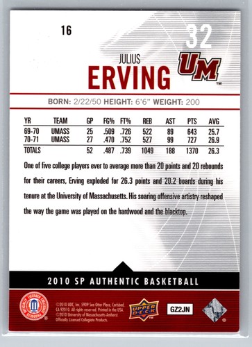 2010-11 SP Authentic #16 Julius Erving UMass Minutemen - Picture 2 of 2
