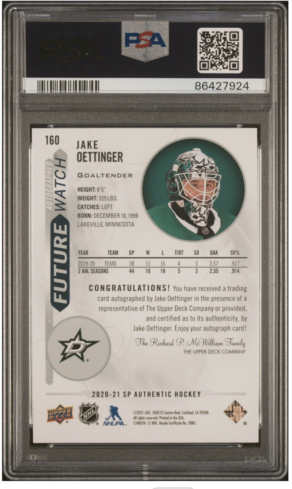 2020-21 SP Authentic Jake Oettinger Future Watch Autograph PSA 10 RC /999💎 view 2