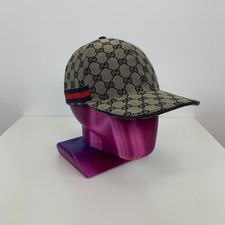 Gucci GG Monogram Web Stripe Canvas Baseball Cap Head Hat Gray Size M