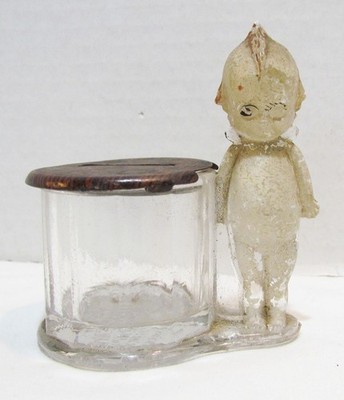 KEWPIE ROSE O'NEILL ANTIQUE FIGURAL GLASS 3'' COIN BANK STILL BANK GEO. BORGFELDT