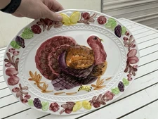 BEAUTIFUL Large 18X14" VTG. Raised Ceramic Hand Painted Colorful Turkey Platter