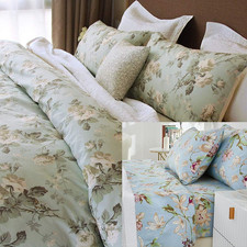 7Pc French Country Garden Toile Floral Printed Duvet Quilt Floral Bedding Botani