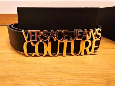 Versace Jeans Couture Leder Gürtel 85 Schwarz/Gold Logo Metallschnalle