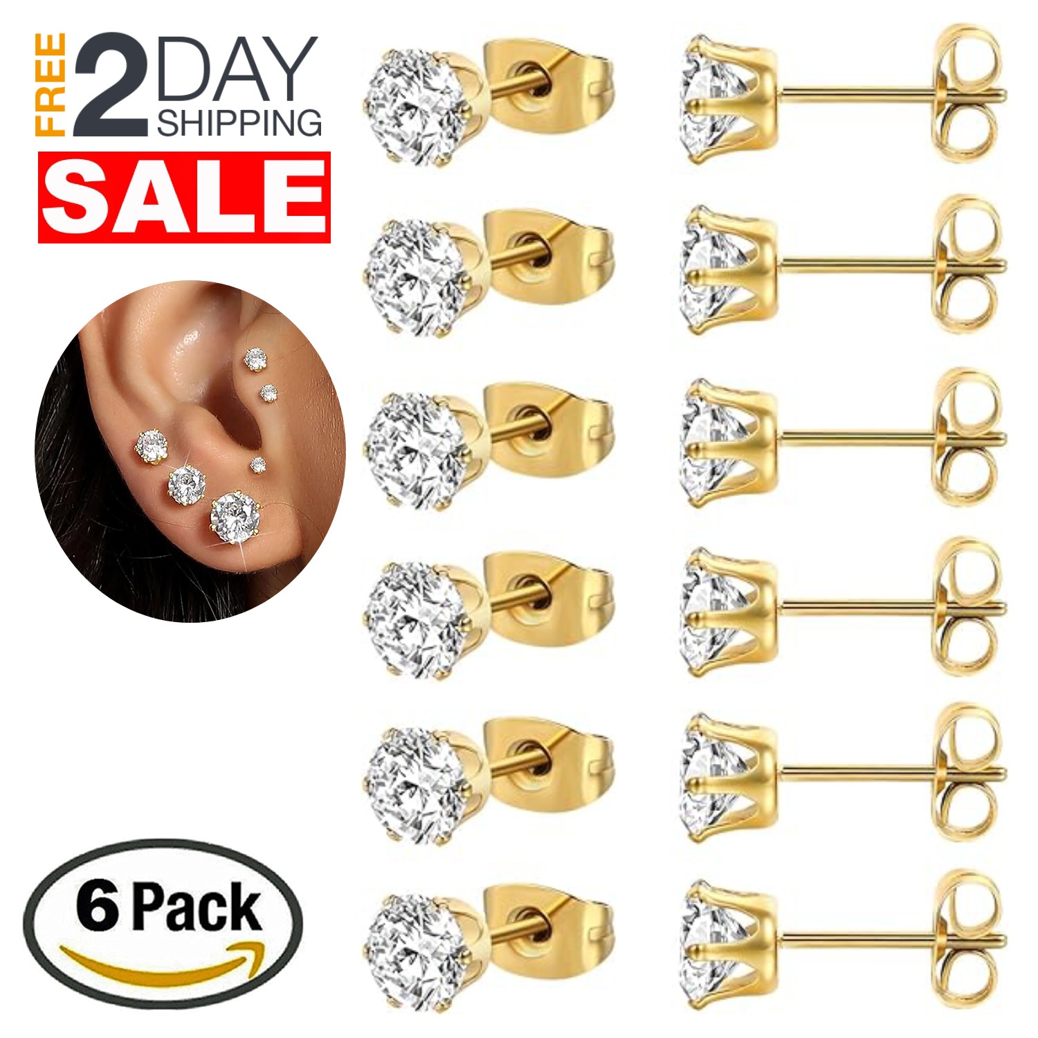 6 Pares Pendientes De Circona Cúbica Aretes Chapado 18K En Oro Para Mujer Niñas