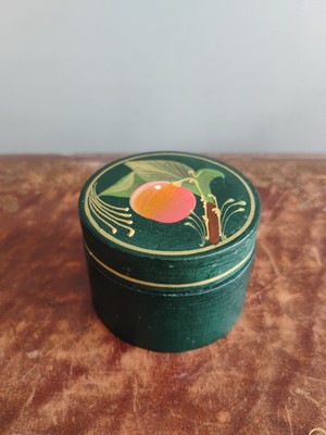 Vintage Holz Schmuckdose Schmuckkästchen grün handbemalt gold tropische Früchte 