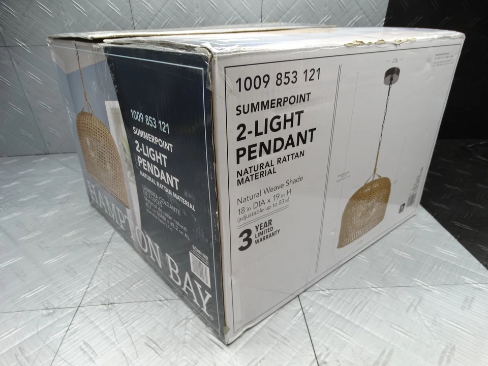 Hampton Bay Summerpoint 2-Light Black Shaded Pendant Light w/Natural Woven Shade - Image 4 of 4