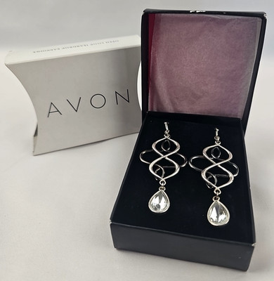 Avon Silver Tone Gun Metal Open Loop Teardrop Rhinestone Dangle Earrings