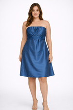 Amsale Chic Strapless Satin Cocktail Dress Metallic Blue Pleated Party Sz. 16