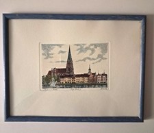 Acquaforte cattedrale Schwerin Germany vintage - stampa colorata a mano - acquaforte originale