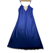 NWT Vintage Lingerie Slip Dress Lace Trim Satin Nightgown Sleepwear Blue Size