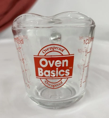 Vtg Anchor Hocking Oven Basics 1 Cup Glass Measuring Red Letter 8 oz Cup D handl