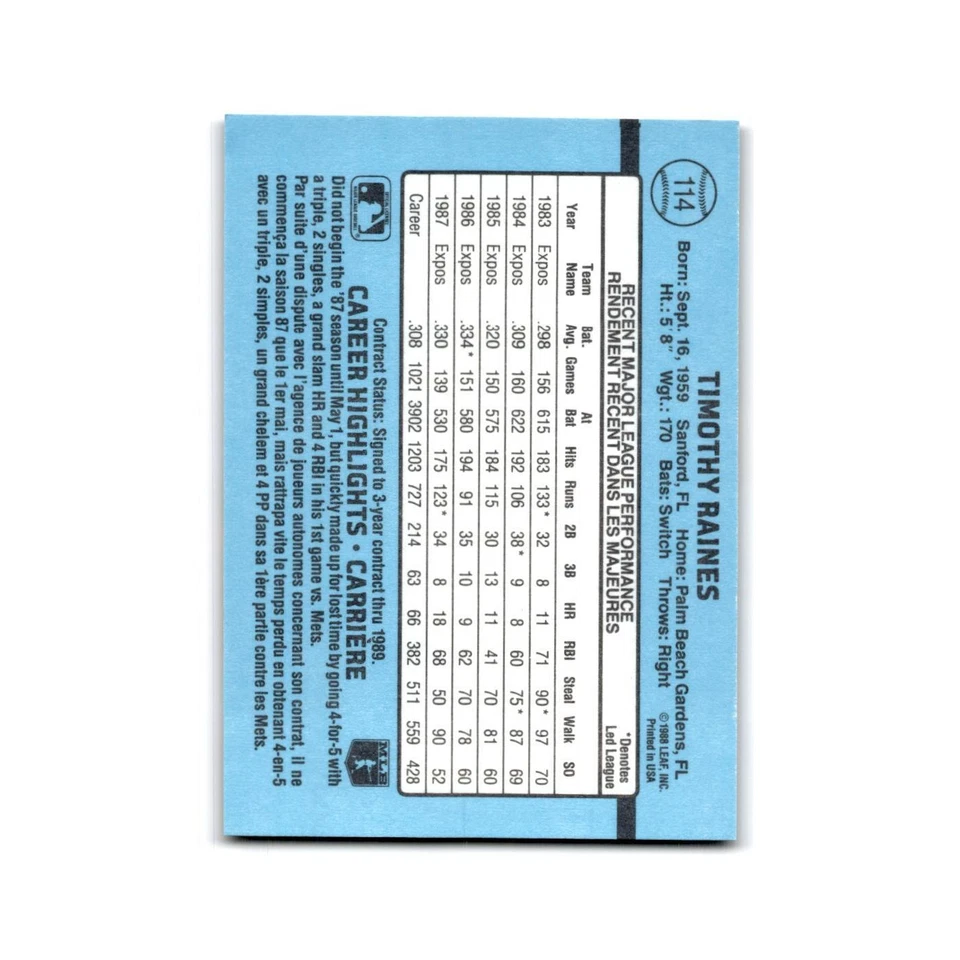 Tim Raines 1988 Leaf #114 Montreal Expos Baseball Card NM - Image 2 of 3