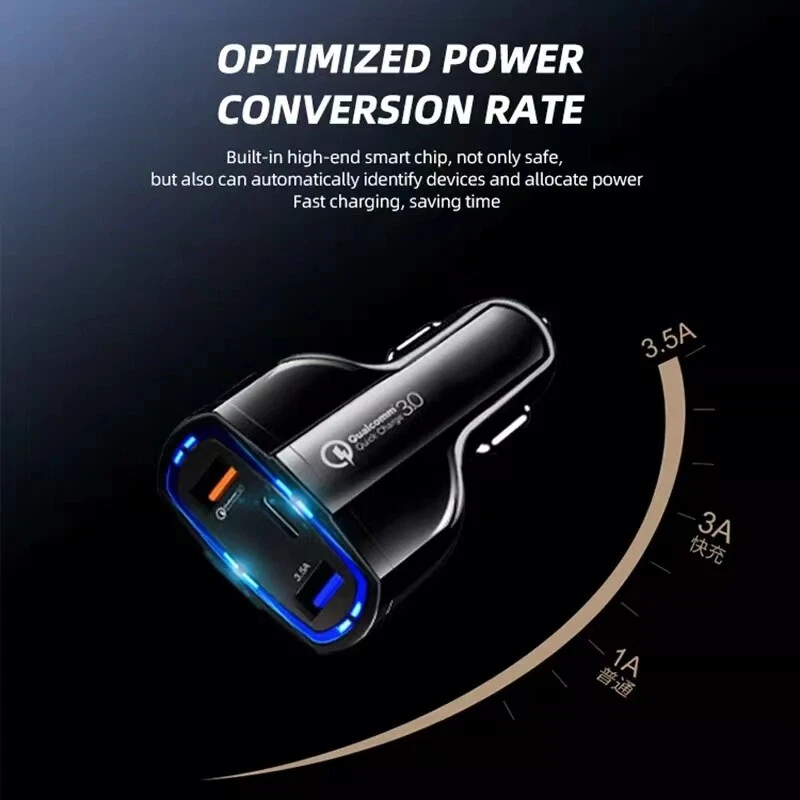 3-Port USB Fast Rapid Car Charger Adapter Type C Port for iPhone Android Samsung - Image 4 of 4