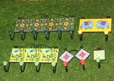 Set of 5 Vintage Decorative Colorful Designed Ceramic Tiles Key Hanger , Japan