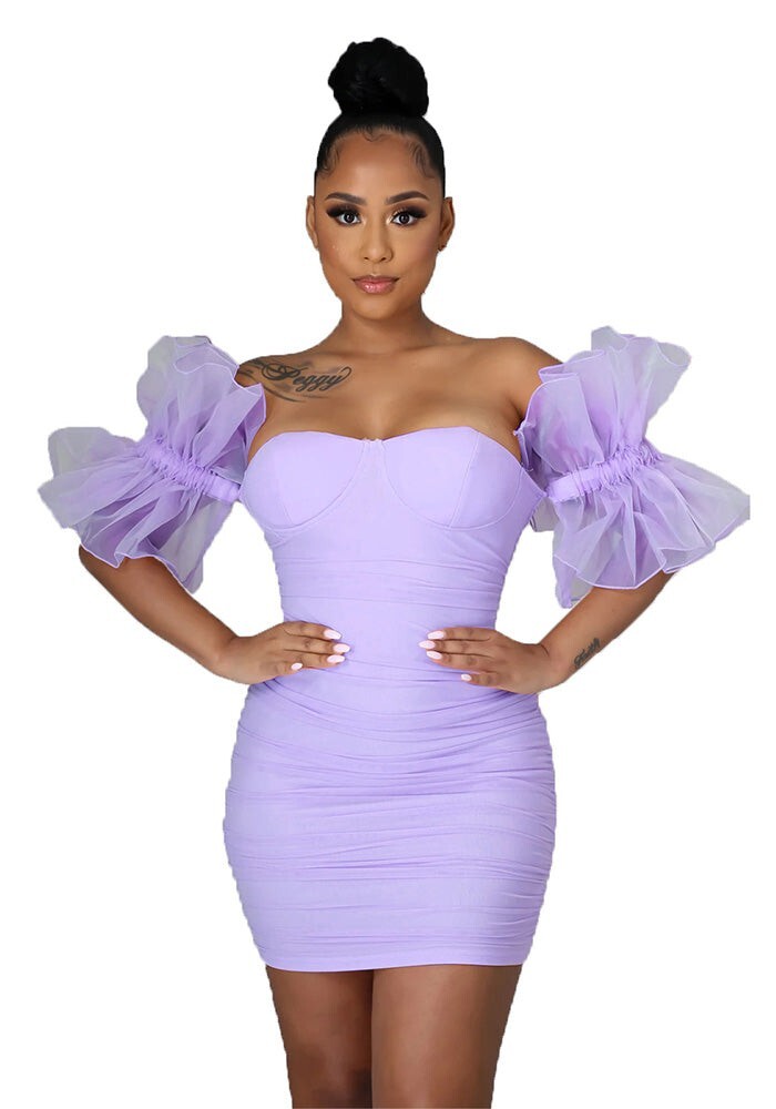Womens fashio Mini Off-The-Shoulder organza Sleeve Bodycon Dress/s,m,L, xl,xxl