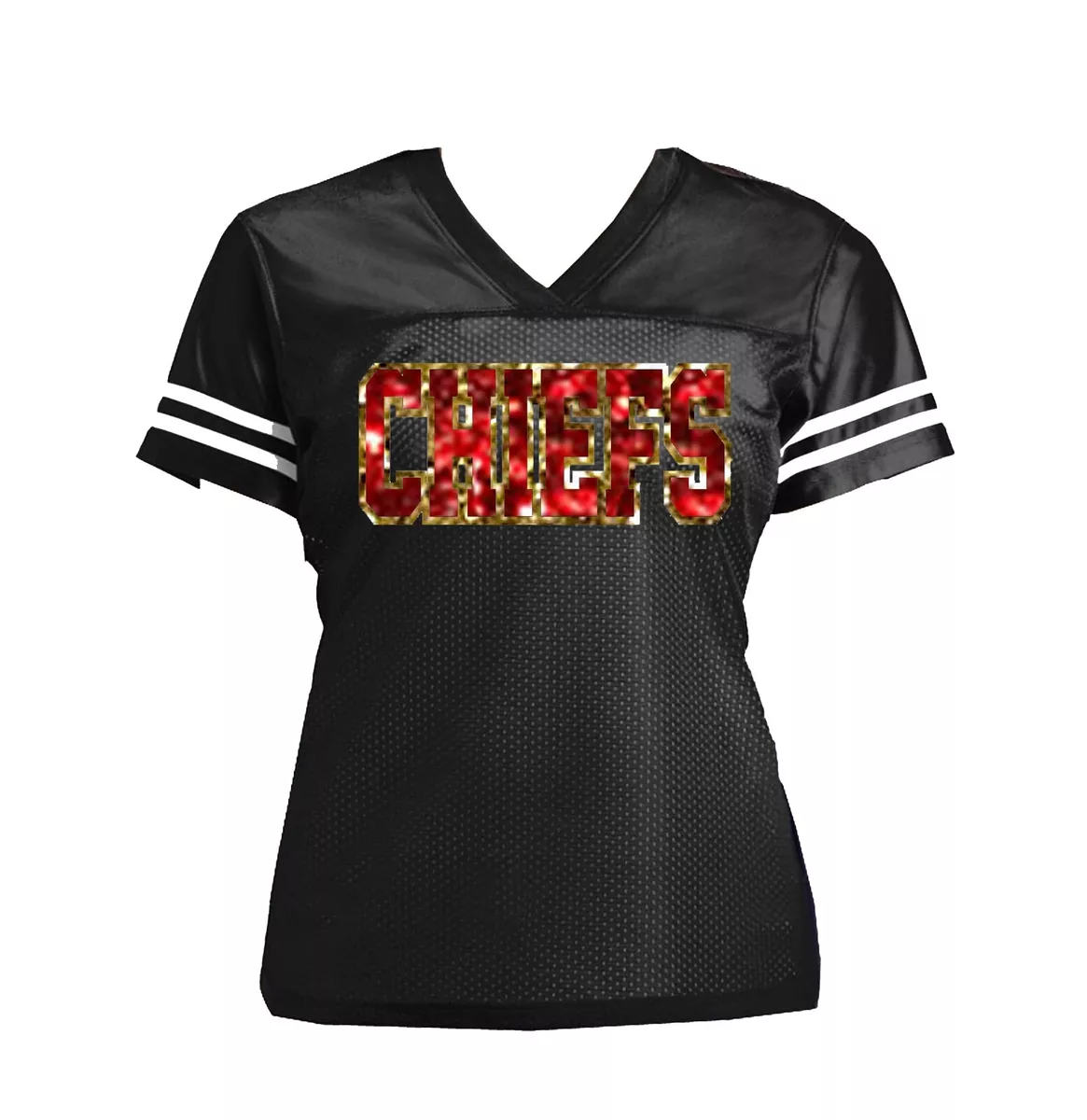 Kansas City Chiefs Glitter Women's Jersey Shirt, Black with Red & Gold  Sparkles