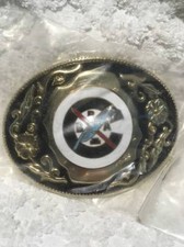 NEW BLACK & SILVER GUILLOCHE ENAMEL "C.B.R.A - FEATHER - WHITE BLUE" BELT BUCKLE