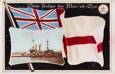ENGLAND NAVY ~ HMS ROYAL SOVEREIGN BATTLESHIP ~ FLAG, REAL PHOTO PC ~ used 1909