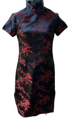 Cheongsam Traditional Chinese Style Dress Qipao Knee Length Black Red Size 8