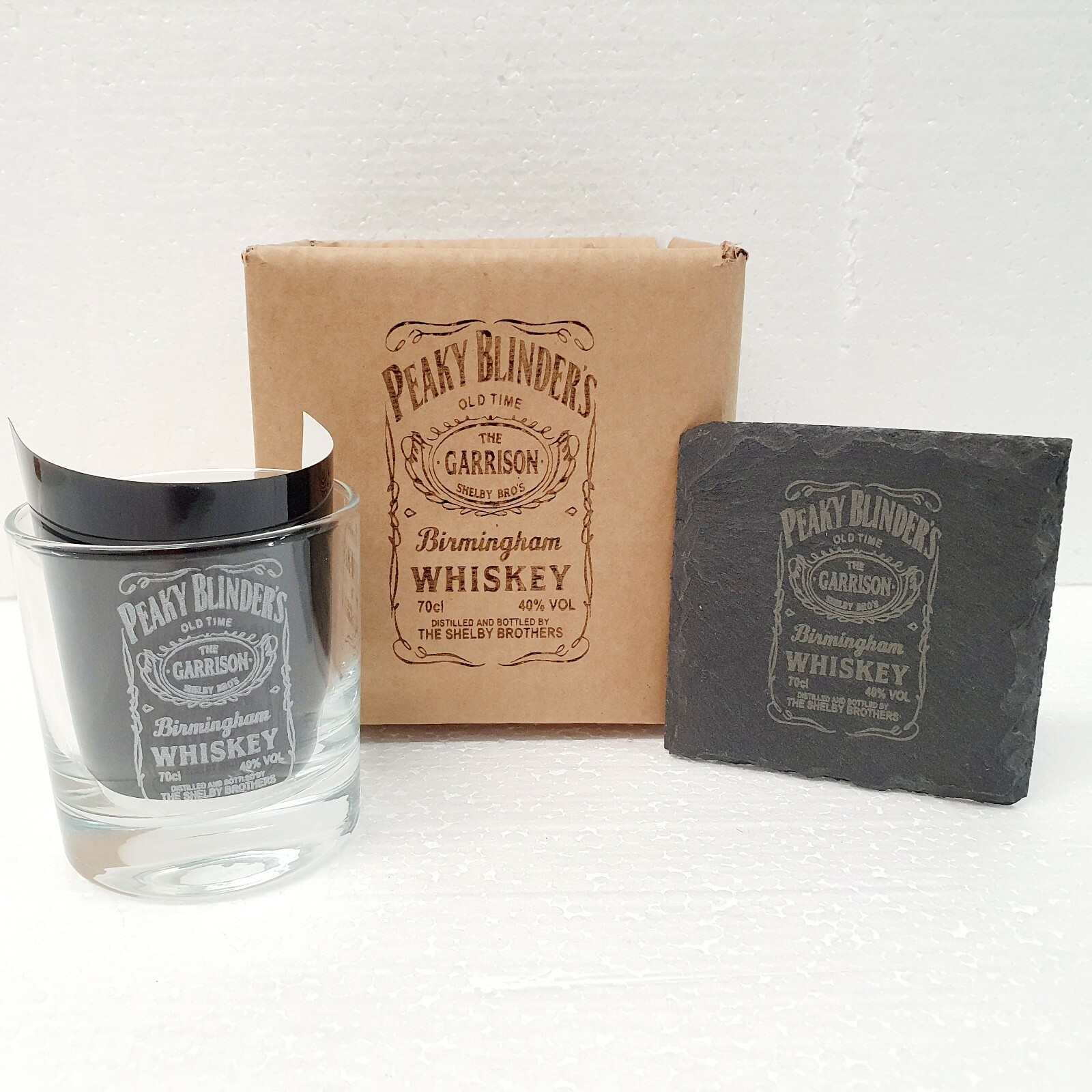 Peaky Blinders Whisky Tumbler Glass with slate Coaster gift box set personalised-image