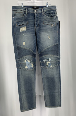 Hudson Blinder Biker Skinny Jeans  Men's 36 Blue Ribbed Leg Panels NWT