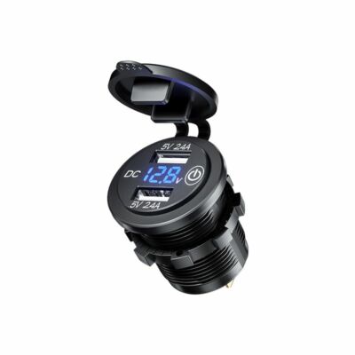 Panel Mount Dual 5 Volt USB, 2.4 A Charger + DVM w/Switch. 12/24 VDC Input 