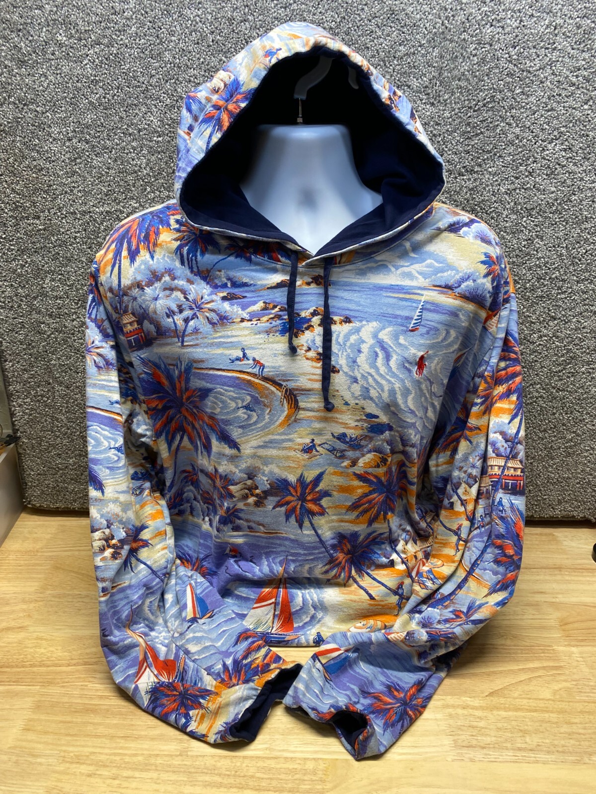 Polo Ralph Lauren Uomo XL Felpa con Cappuccio Reversibile Blu Floreale Hawaiano Tropical Pony
