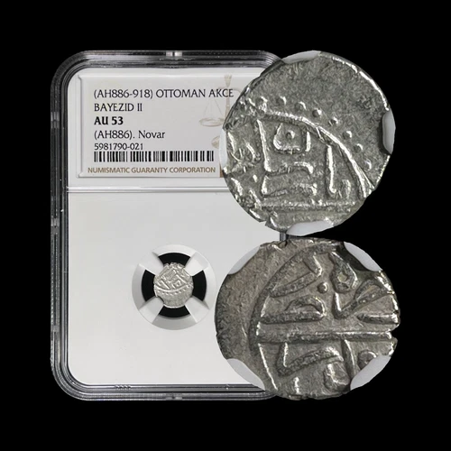 OTTOMAN. 1481, Akce, Silver - NGC AU53 - Bayezid II, Novar, Serbia 021