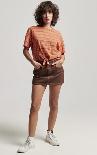 SUPERDRY Cotton Vintage Boxy Tie Front Tee Brown Stripe Size XL/16 BNWT - Picture 2 of 11