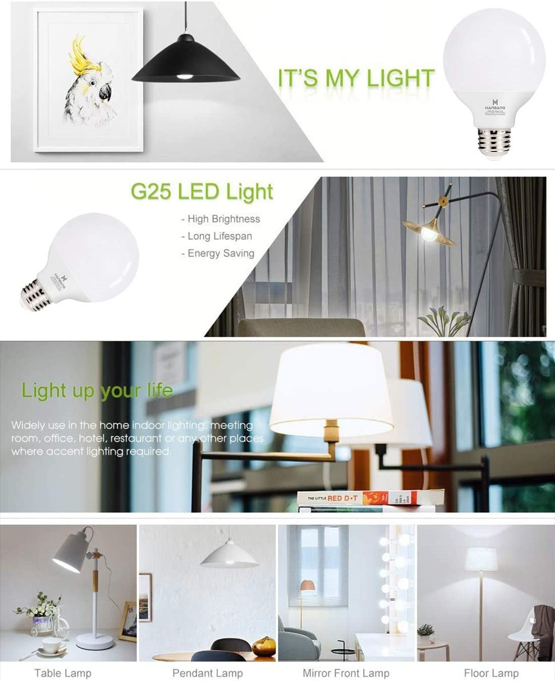 Hansang G25 LED Globe Light Bulbs,60W Equivalent 5000K Daylight White Decorative