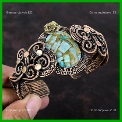 Womens day Sale Copper Copper Amazonite Gemstone Wire Wrapped Flower Bangle Cuff