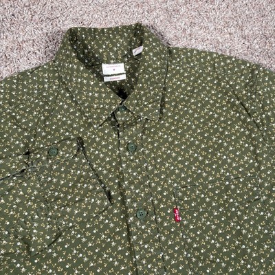 Levis Mens Standard Fit Long Sleeve Button Up Shirt Olive Green Floral Size M