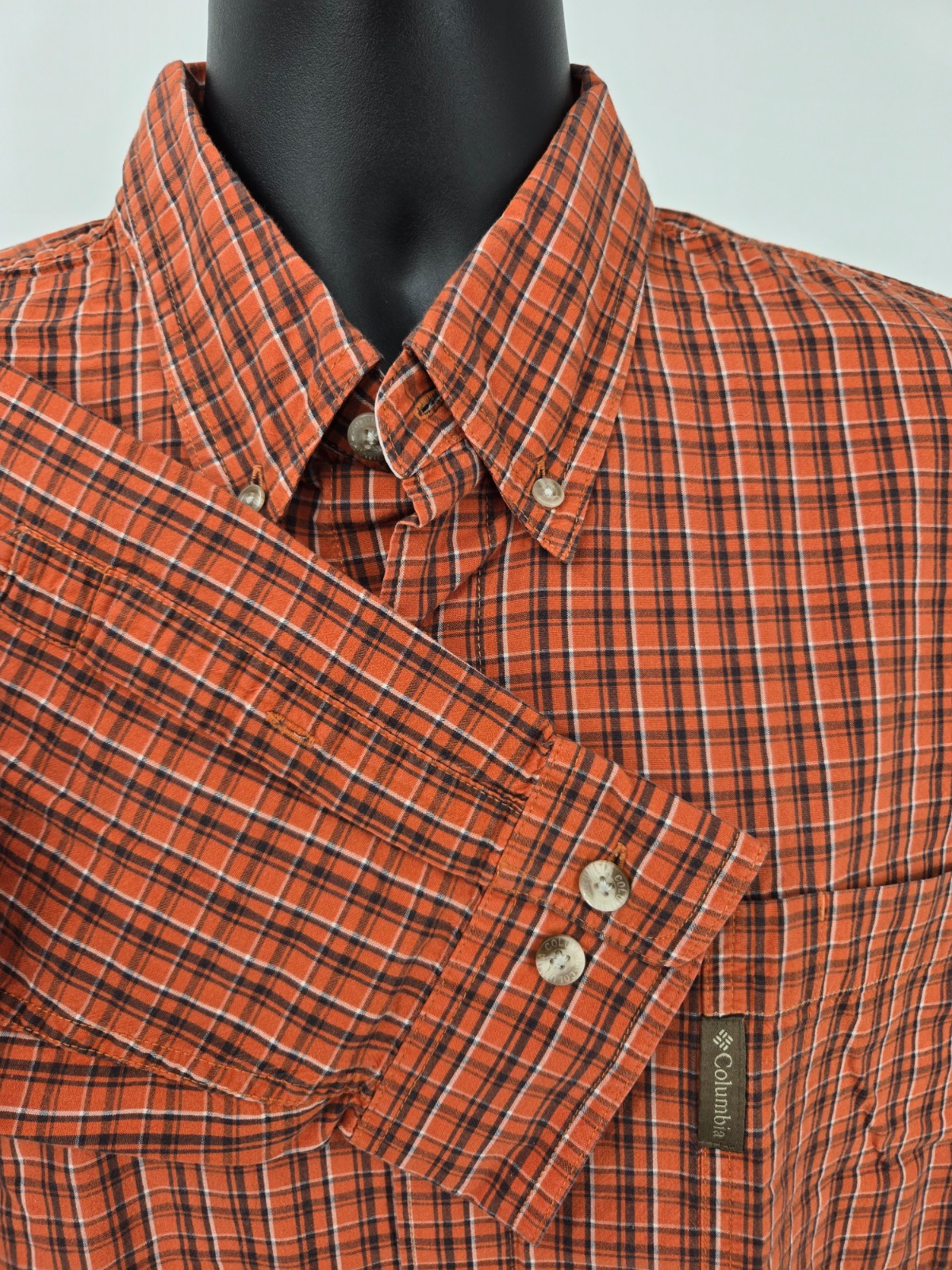 Columbia Shirt XLT TALL Orange Plaid Outdoor Pocket Long Sleeve Casual Men *