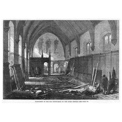 LONDON Abriss des alten Speisesaals des inneren Tempels antiker Druck 1869