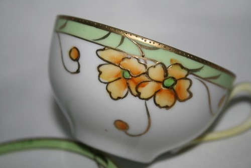 Nippon Green Crown HP Mint Yellow Gold Moriage Tea Cup & Saucer Set #2534