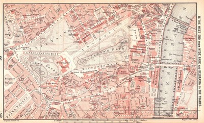 London antike Karte 1889, Buckingham Palace, Houses of Parliament, Themse