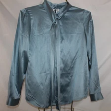 New LilySilk Womens Sz M Blue Bow Tie Neck 100% Silk Button Up Blouse